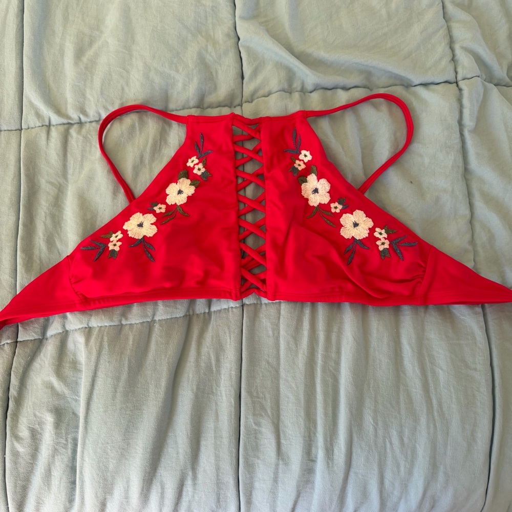 Red Floral Embroidered Lace-Up Bikini Top
